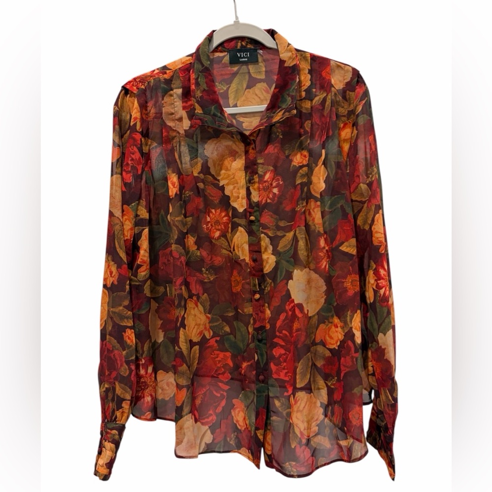 Vici Autumn Floral Sheer Red Orange Button Down Blouse Size Large Office Wear